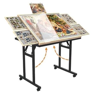 Imagem de Doerpuz Mesa dobrável com gavetas 1500 peças, mesa de quebra-cabeça inclinável ajustável de 89 x 66 cm para adultos, design portátil com pernas, rodas bloqueáveis e capa protetora