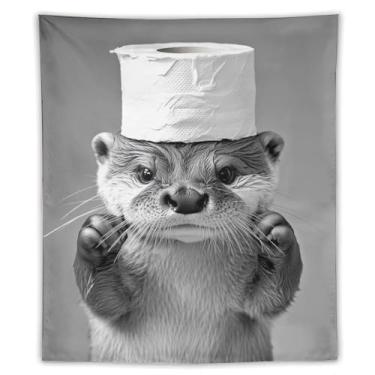 Imagem de Tapeçaria de chapéu de papel higiênico lontra impressão artística preta branca para quarto sala de estar dormitório decoração de casa com adorável design de animal aquático Tapeçaria 50 x 60