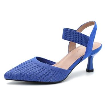 Imagem de Enelauge Sandália feminina de bico fino, salto baixo, tecido de malha, com tira elástica no tornozelo, bico fechado, sem cadarço, confortável, para casamento, formatura, Azul royal, 36