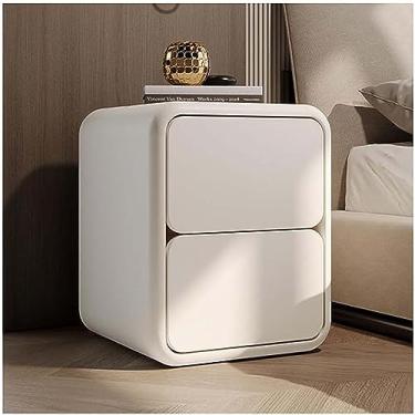 Imagem de Mesa de cabeceira moderna - Mesa de cabeceira de madeira maciça com 2 gavetas - Design criativo para quarto - Mesa lateral de couro estreita - Armário de cabeceira versátil