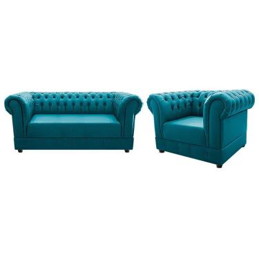Imagem de Poltrona e Namoradeira Chesterfield Ana Suede Azul Turquesa