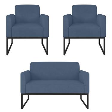 Imagem de Kit Namoradeira E 2 Poltronas Industrial Preta Azul Marinho