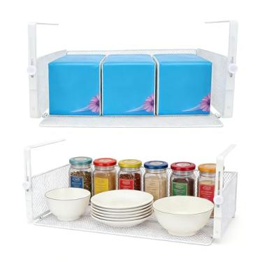 Imagem de Pacote com 2 organizadores de cestos brancos grandes sob a prateleira – Suporte ajustável e resistente para armário, despensa, armário de cozinha, mesa, estante | Complemento de organização que