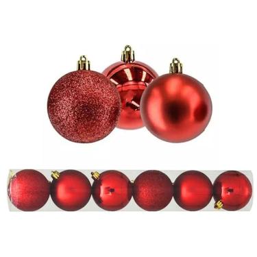 Imagem de Conjunto 6 Bolas De Natal Vermelho Tradicional Misto Glitter, Brilho E Fosca 8cm