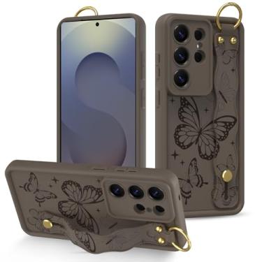 Imagem de Fiyart Capa projetada para Samsung Galaxy S25 Ultra com alça de pulso, borboletas marrons fofas para mulheres e meninas, fina, TPU à prova de choque, amortecedor, 17,5 cm - marrom