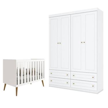 Imagem de Berço Americano Isis Branco Acetinado - Reller E Guarda Roupa Infantil Americano 4 Portas Branco Hp - Henn