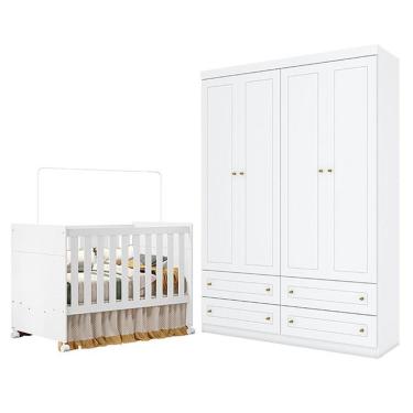 Imagem de Berço Americano Katatau Branco Acetinado - Reller E Guarda Roupa Infantil Americano 4 Portas Branco Hp - Henn