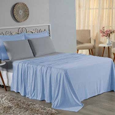 Imagem de Jogo De Cama Queen Nobre 4 Peças Lençol Com Elástico De 30cm De Altura Malha 100% Algodão - Azul-bebê / Cinza