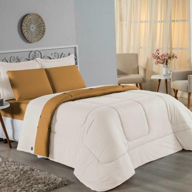 Imagem de Kit Edredom Dupla Face + Jogo De Lençol Queen Nobre 6 Peças Malha 100% Algodão - Palha / Cobre