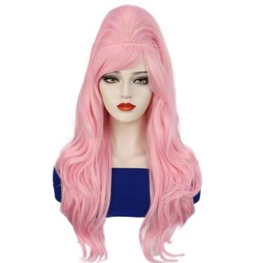 Imagem de Peruca longa rosa fofa ondulada com franja lateral de 68 cm para fanta