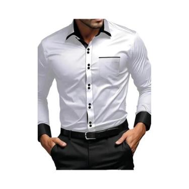 Imagem de Camisa Masculina Branca Com Retalhos, Manga Comprida, Elástica, Casual