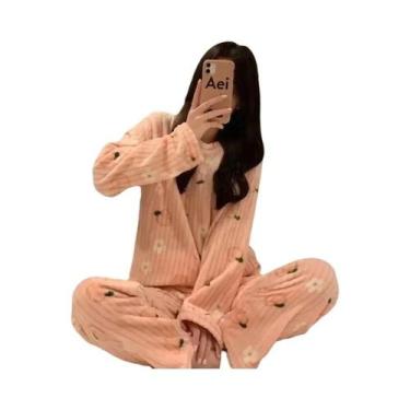 Imagem de Conjunto De Pijamas Femininos Quentes De Flanela Com Manga Longa Em Ve