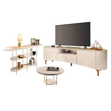 Imagem de Rack Bancada Elara Off White Champanhe Com Mesa De Centro Sky E Aparador Infinity Off White - Hb Móveis