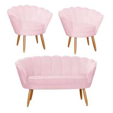 Imagem de Conjunto Pétala Namoradeira e 2 Poltronas Para Sala de Estar Suede Rosa Bebe - LM DECOR