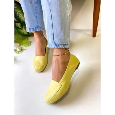 Imagem de Mocassim Feminino Amarelo Couro Legítimo Sapatilha Bico Quadrado Marca