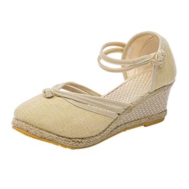 Imagem de Sandálias femininas confortáveis flor clipe dedo do pé sandálias de praia moda feminina boêmia plataforma sapatos a9, Bege, 7.5