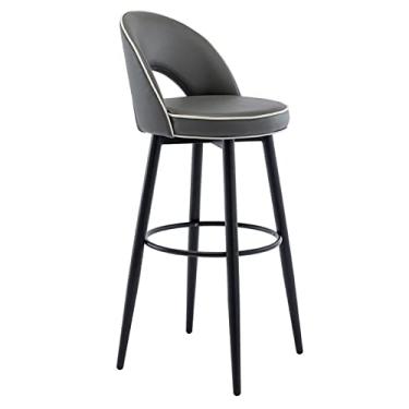 Imagem de Cadeira de Ilha Giratória Cinza Banqueta de Barra com Altura de Bancada com Banquetas de Barra Traseiras Assento Estofado Redondo de Couro Nappa Estrutura Metal Preta com Pedais Circulares 360 Graus