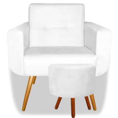 Imagem de Kit Poltrona Decorativa Anitta com Puff Redondo Pés Madeira Suede Branco