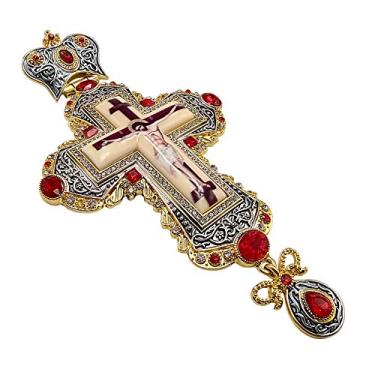Imagem de Nazareth Store Colar com pingente de crucifixo cruz peitoral vermelha vários zircônias cristalizados sacerdote cristão bispo crucifixo 61 cm em caixa de presente
