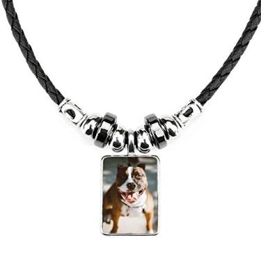 Imagem de DIYthinker Bulldog Colar com imagem assustadora de animais de estimação com pingente de corda de couro