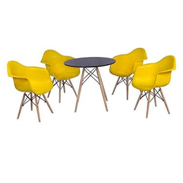 Imagem de Kit Mesa Eiffel Preta 90cm + 4 Cadeiras Charles Eames Wood - Daw - Com Braços - Design Amarela