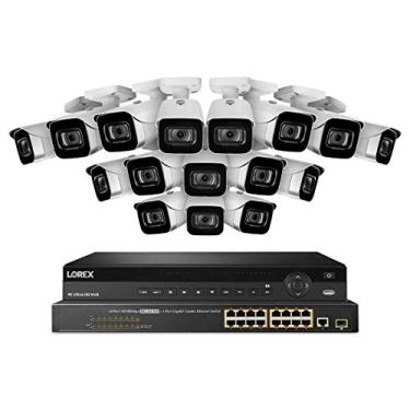 Imagem de Lorex NC4K8-3216WB 32 Sistema de Vigilância 4K Canal com N882A38B 8TB 4K Fusão NVR, 16 Porto ACCLPS263B POE Switch e 16 E841CA-E 8MP Branco Bala Câmeras