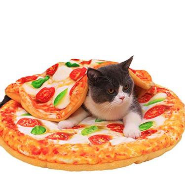 Imagem de Conjunto de 2 peças de tapete e cobertor para animais de estimação Seis almofada quente para cães inverno gato cobertor fofo design torrada pizza cama de dormir (Pizza, G)