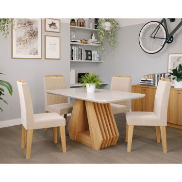 Imagem de Conjunto de Mesa de Jantar Retangular com Tampo de Vidro Off White Agata e 4 Cadeiras Paola Suede Nude e Nature