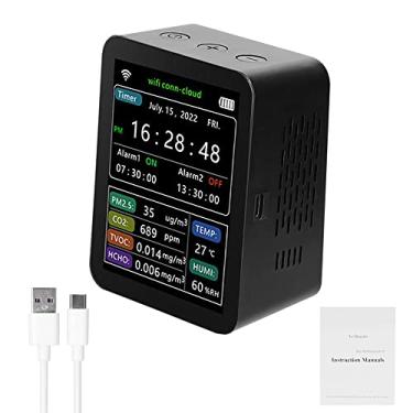 Imagem de WiFi Detector inteligente de qualidade do ar PM2.5 CO2 TVOC HCHO Temperatura Umidade Detector 6 em 1 Hora Data Semana Exibição Celular APP Controles remotos Visualização 2 conjuntos de despertad