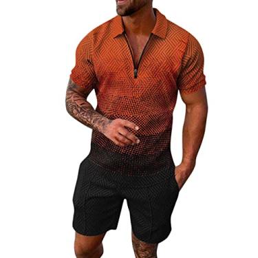 Imagem de Conjunto masculino de 2 peças, conjunto de camisa polo de manga curta e shorts para férias de verão para homens, C#_laranja, 3G