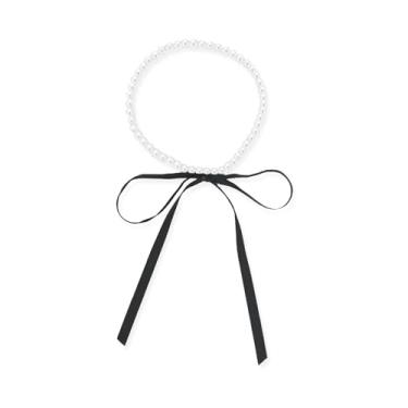 Imagem de met-edianger Colar fashion com laço de pérola, nó de pérola, colar de fita de seda preta, joias presentes para mulheres e meninas, Latão, Sem Pedra Preciosa