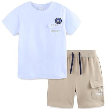 Imagem de Bumeex Conjunto de camiseta cargo de algodão e manga curta para meninos, Branco/Cáqui, 3 Anos