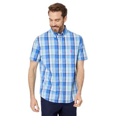 Imagem de U.S. Polo Assn. Camisa masculina de manga curta, caimento clássico, 1 bolso, xadrez, popelina elástica, Azul super sônico, P