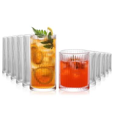 Imagem de INSETLAN Vidro canelado de 12 peças - 6 copos Highball 350 ml, 6 copos de vidro de 397 g, copos vintage para coquetel, ideal para vinho, suco, água, xícara de café gelado, uísque, utensílios mistos