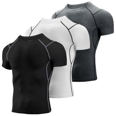 Imagem de Niksa Camisetas masculinas de compressão, pacote com 2, camisetas de compressão atlética de manga curta e secagem fresca, Preto, cinza, branco, preto, cinza e preto, XGG