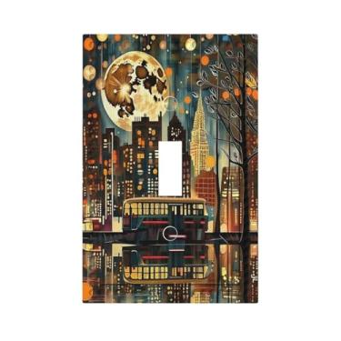 Imagem de PPZCXWP Luz da cidade lua ônibus arte abstrata capas de interruptor de luz 1 gangue placa de parede interruptor decorativo placa de interruptor elétrico para decoração de vida no campo