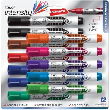 Imagem de BIC Marcadores coloridos apagáveis a seco Intensity Advanced, ponta de cinzel, pacote com 12 unidades de cores sortidas, marcadores de quadro branco para professores e material de escritório