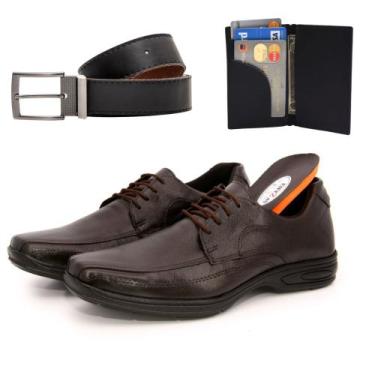 Imagem de Sapato Social Masculino Preto e Marrom Conforto Couro Animal + Cinto e