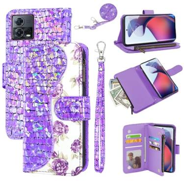 Imagem de Dibosom Capa carteira floral para Motorola Edge 30 Fusion/Moto S30 Pro 5G com alça de pulso alça de ombro flip zíper bolsa porta-cartão, suporte de couro PU de luxo com glitter brilhante capa para