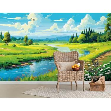 Imagem de DRWSSR Papel de parede removível com paisagem de montanhas nebulosas em aquarela árvores verdes riachos flores silvestres mural de parede nuvem branca e pássaro mural de papel de parede para quarto