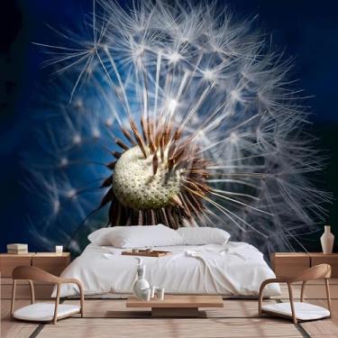 Imagem de Lcythiazole Papel de parede mural de dente-de-leão com tamanho personalizável, fundo azul escuro com foto de dente de leão grande para sala de estar, quarto, quarto de meninas