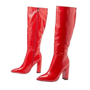 Imagem de Botas pretas de qualidade até o joelho botas femininas com zíper salto alto quadrado pontiagudo(Red with zipper,39EU)