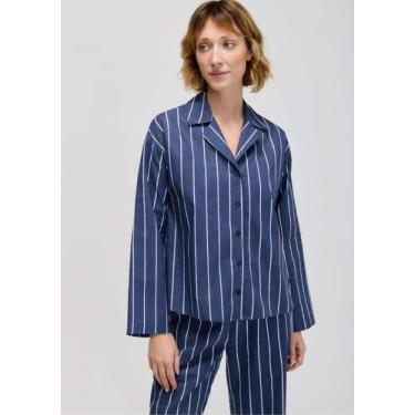 Imagem de Camisa Feminina Manga Longa Listrada - Hering, P, Azul marinho
