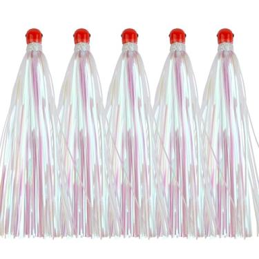 Imagem de SILANON Mylar Flash Teaser Tails Fishing Bucktail Teasers Mylar Saias de pesca iscas pesadas Jig Heads 9,9 g Mylar Teaser Saias Trolling Iscas de água salgada para iscas Ballyhoo Strip, 5 peças