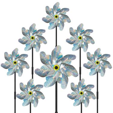 Imagem de Tsocent 12 peças cata-ventos refletivos com estacas, cata-ventos brilhantes de jardim, giradores de vento prateados para quintal e jardim