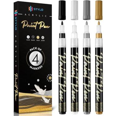 Imagem de Stylo Canetas metálicas acrílicas (4 unidades) - Canetas de tinta preta, dourada, prata e branca - Marcadores de tinta acrílica permanente de ponta fina para pintura em pedras, vidro, madeira, artes e artesanato para adultos