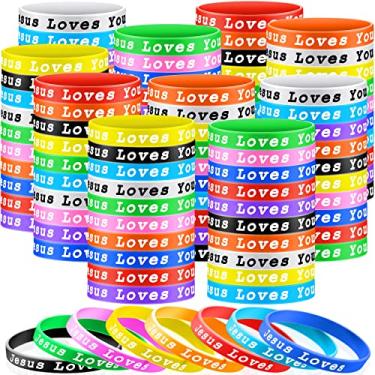 Imagem de Skylety Pulseiras de silicone Jesus Loves You Pulseiras de borracha de Páscoa coloridas Jesus Loves You Pulseiras de borracha cristã para crianças lembrancinhas de festa (120 peças)