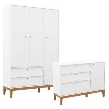 Imagem de Cômoda Sapateira e Guarda Roupa Unique 3 Portas Branco Soft Eco Wood - Matic