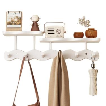 Imagem de Cabide de parede com prateleira, cabide de madeira com 6 ganchos resistentes, design montado em broca para pendurar roupas, chapéus, toalhas, bolsas e roupões (branco)