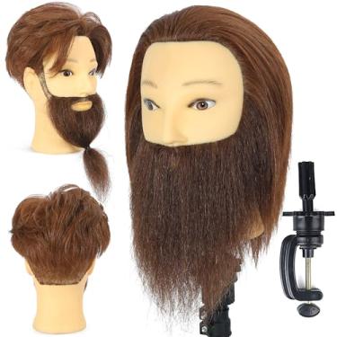 Imagem de TKIMHEQ Cabeça De Manequim Masculino Com Barba, Cabelo 100% Humano, Treinamento Para Corte Em Cosmetologia, Suporte Boneca Reto E Grosso, Prática Estilo (6" Marrom #)